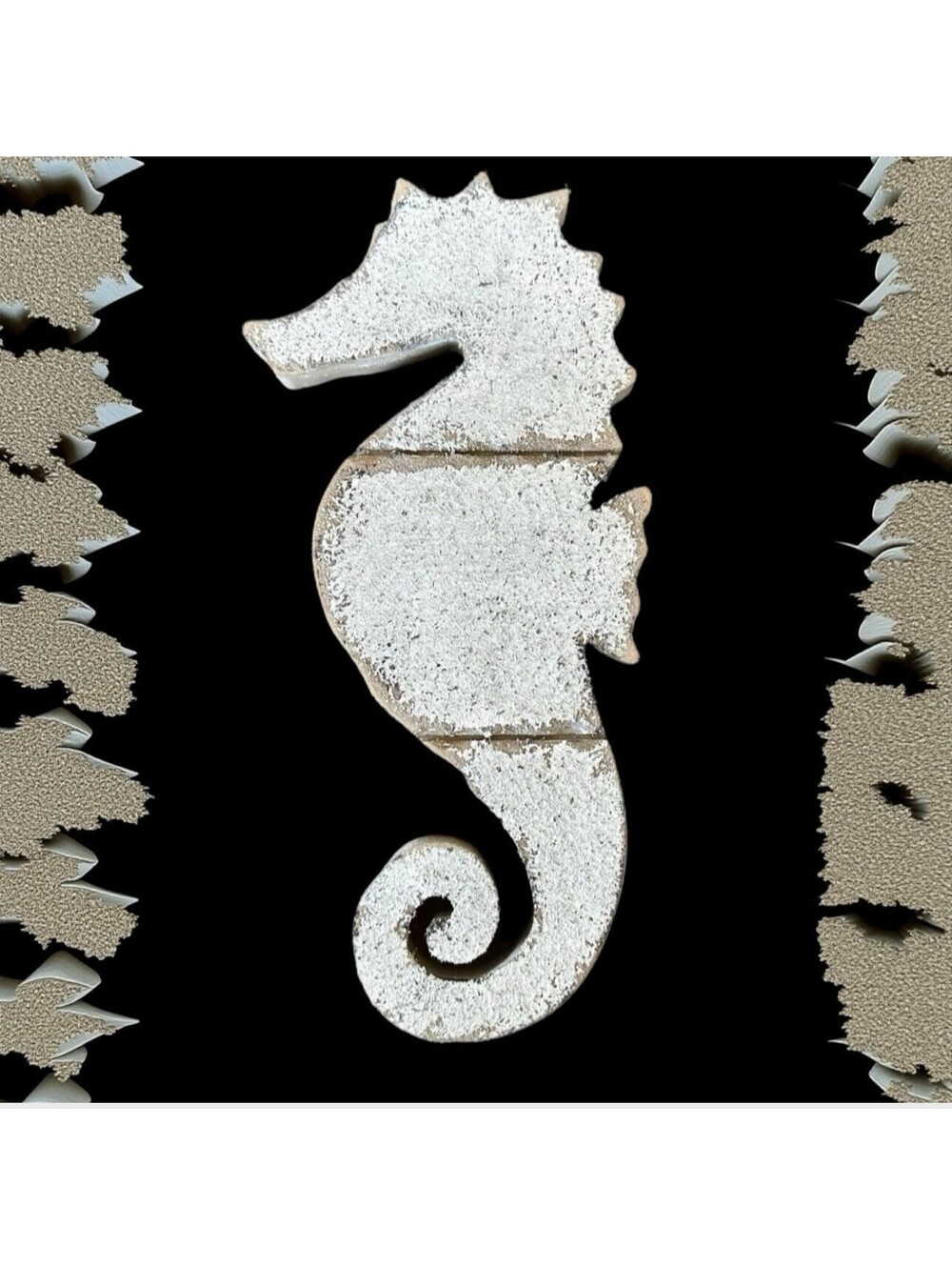 Seahorse rustic, distressed white wooden wall decor piece.